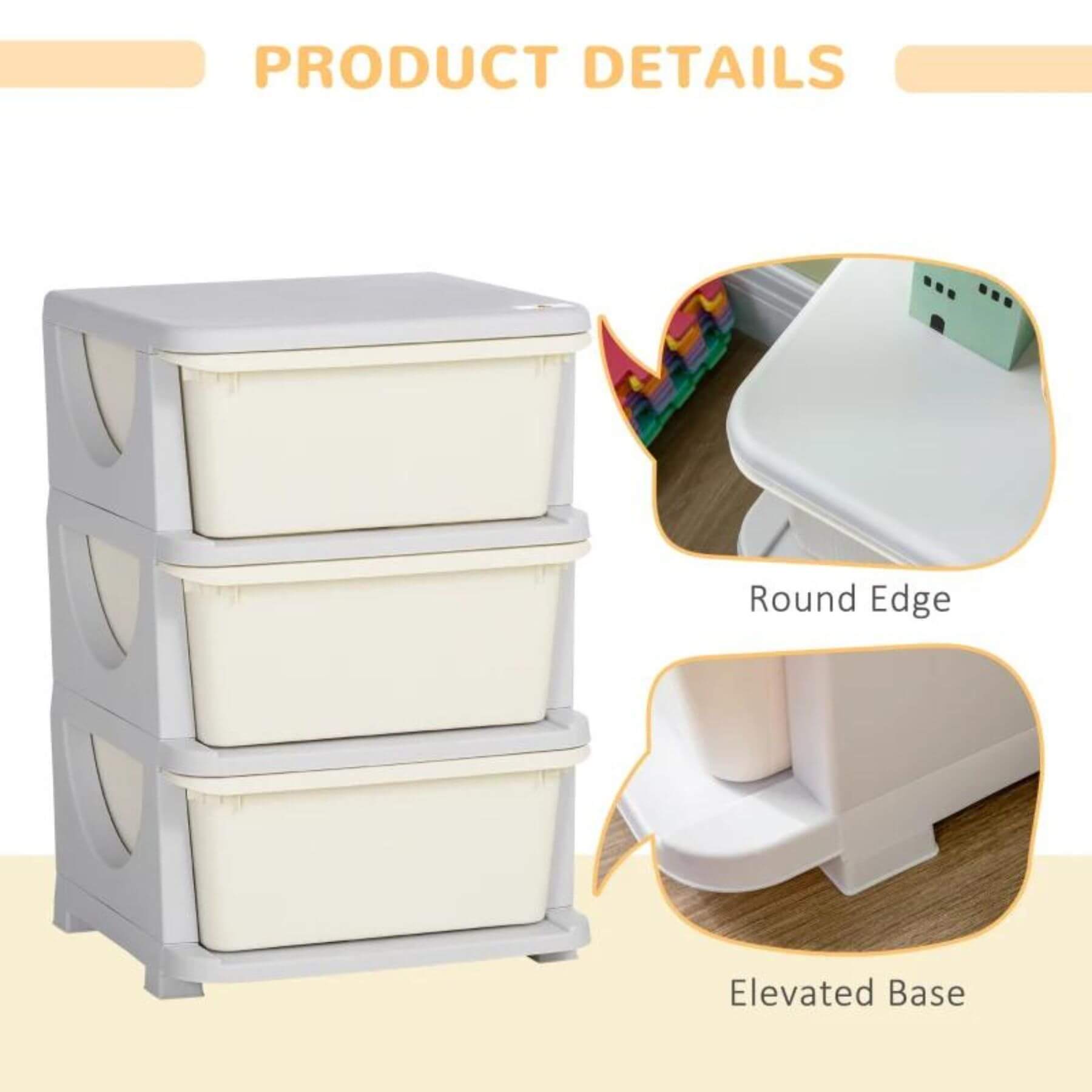 Qaba 3-Tier Kids Storage Unit Dresser Tower with Drawers Chest Cream White