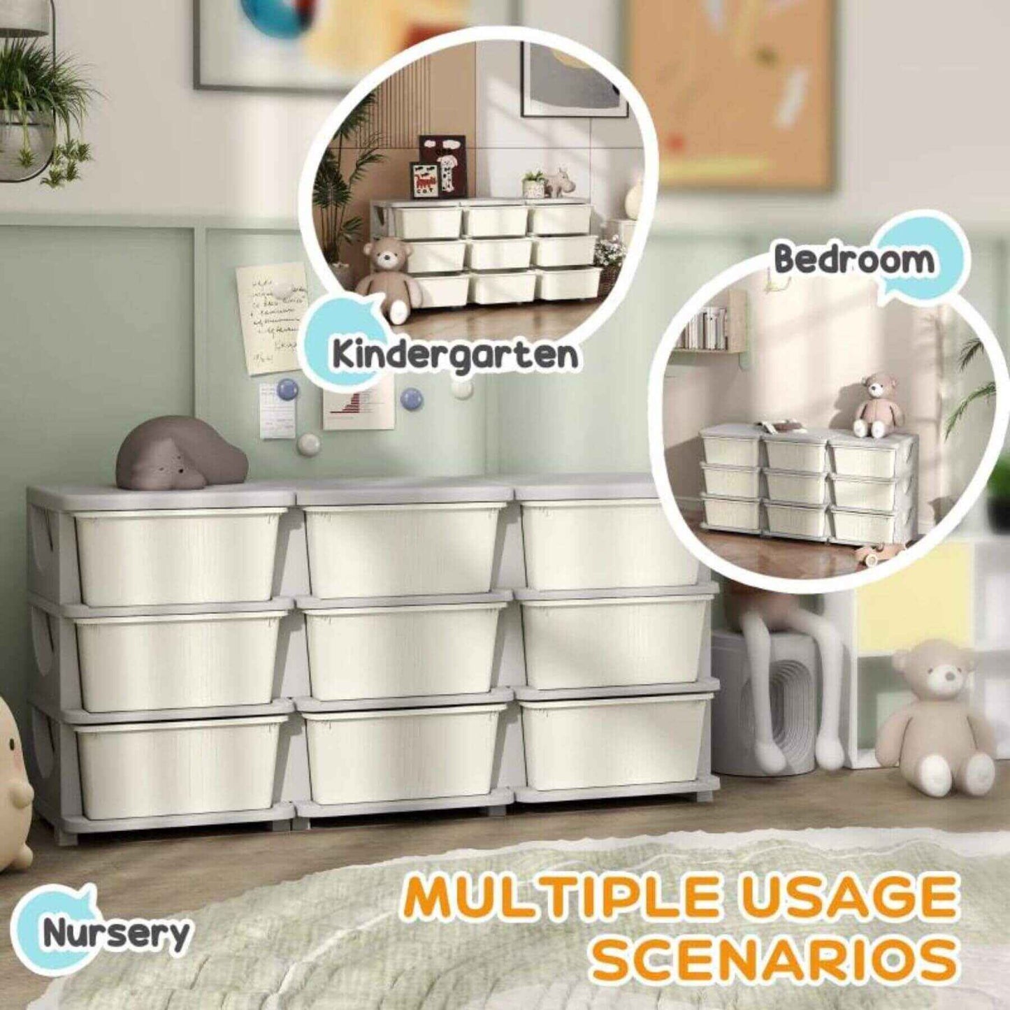 Qaba 29.5" 3 Tier Kids Storage Unit Dresser Tower w/ 9 Drawers Cream White