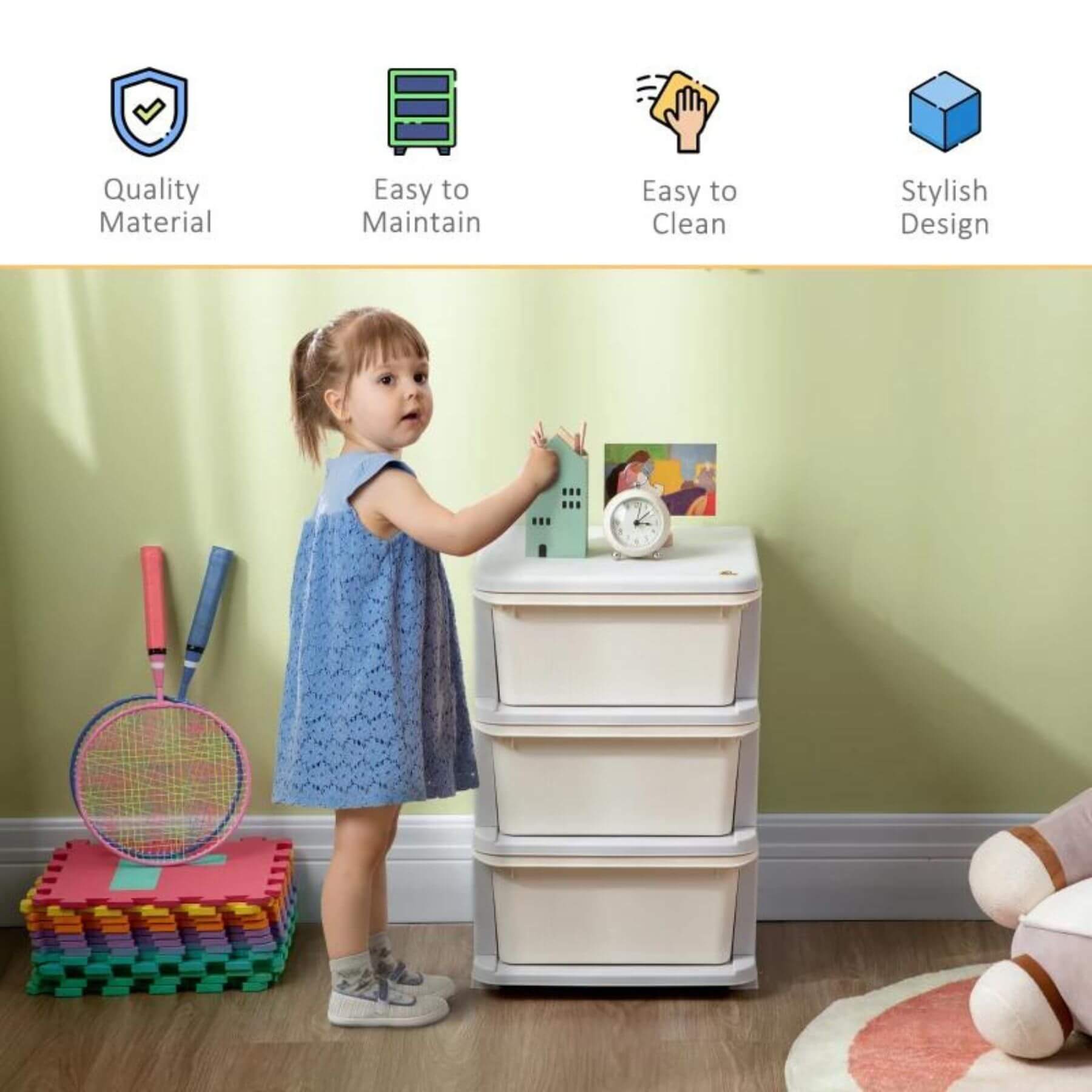 Girl Standing Next to Qaba 3-Tier Kids Storage Unit Dresser Tower with Drawers Chest Cream White