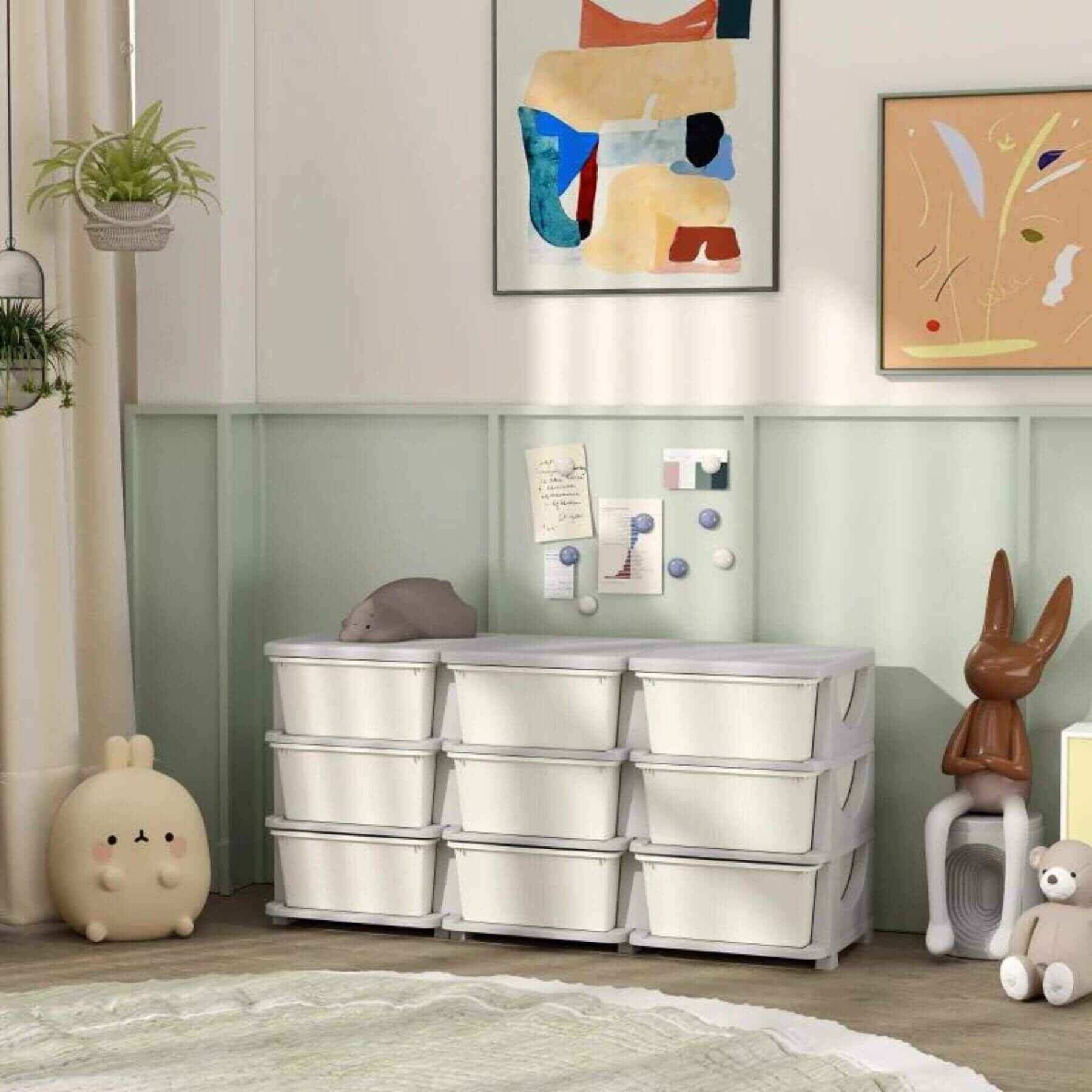 Qaba 29.5" 3 Tier Kids Storage Unit Dresser Tower w/ 9 Drawers Cream White