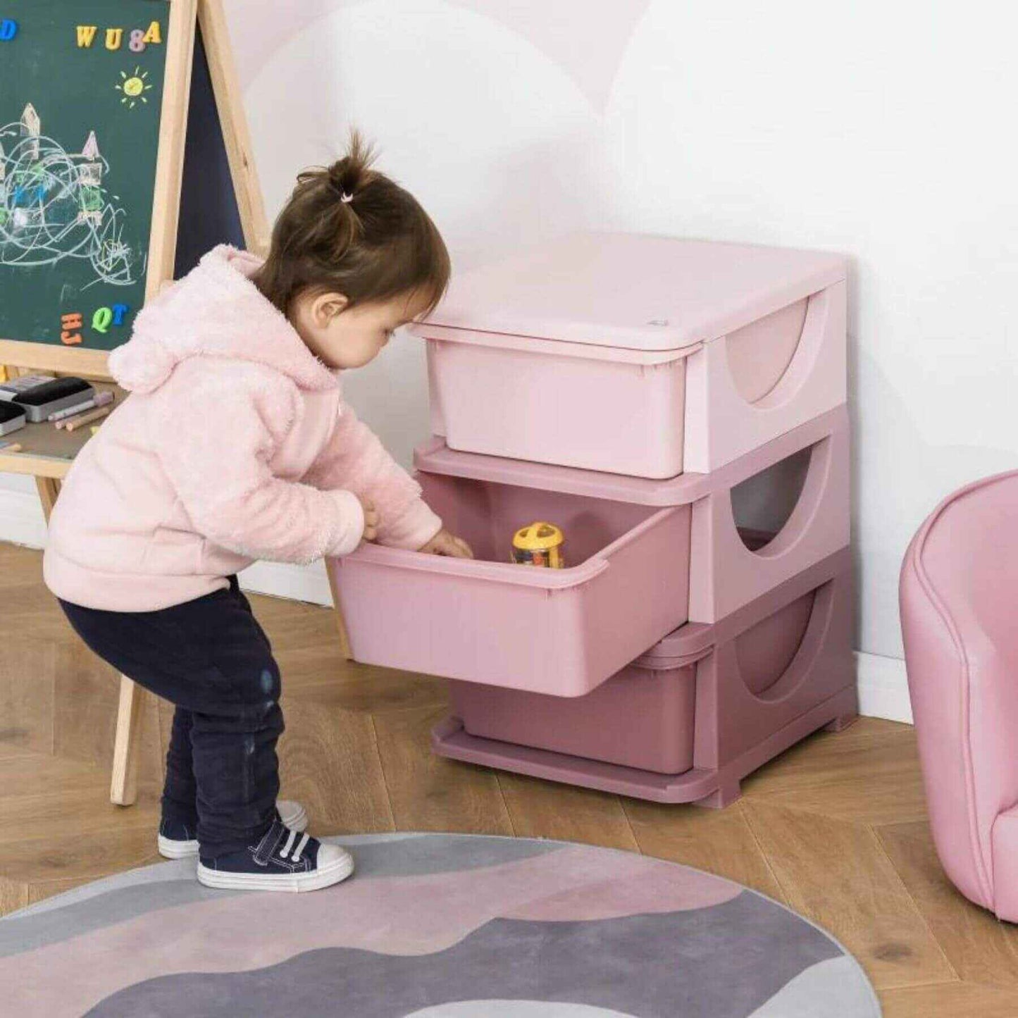 Girl Using Qaba 3-Tier Kids Storage Unit Dresser Tower with Drawers Chest Pink