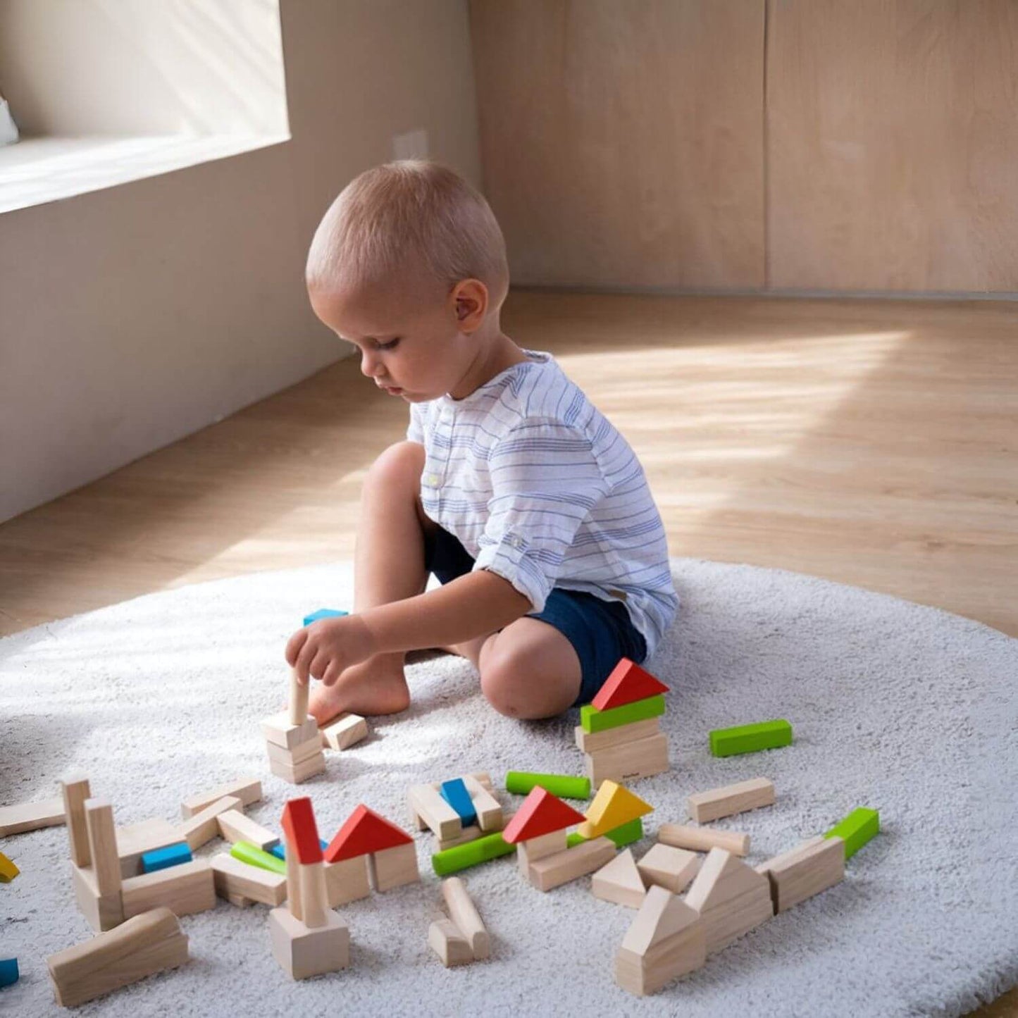 Boy Playing PlanToys 40 Unit Blocks