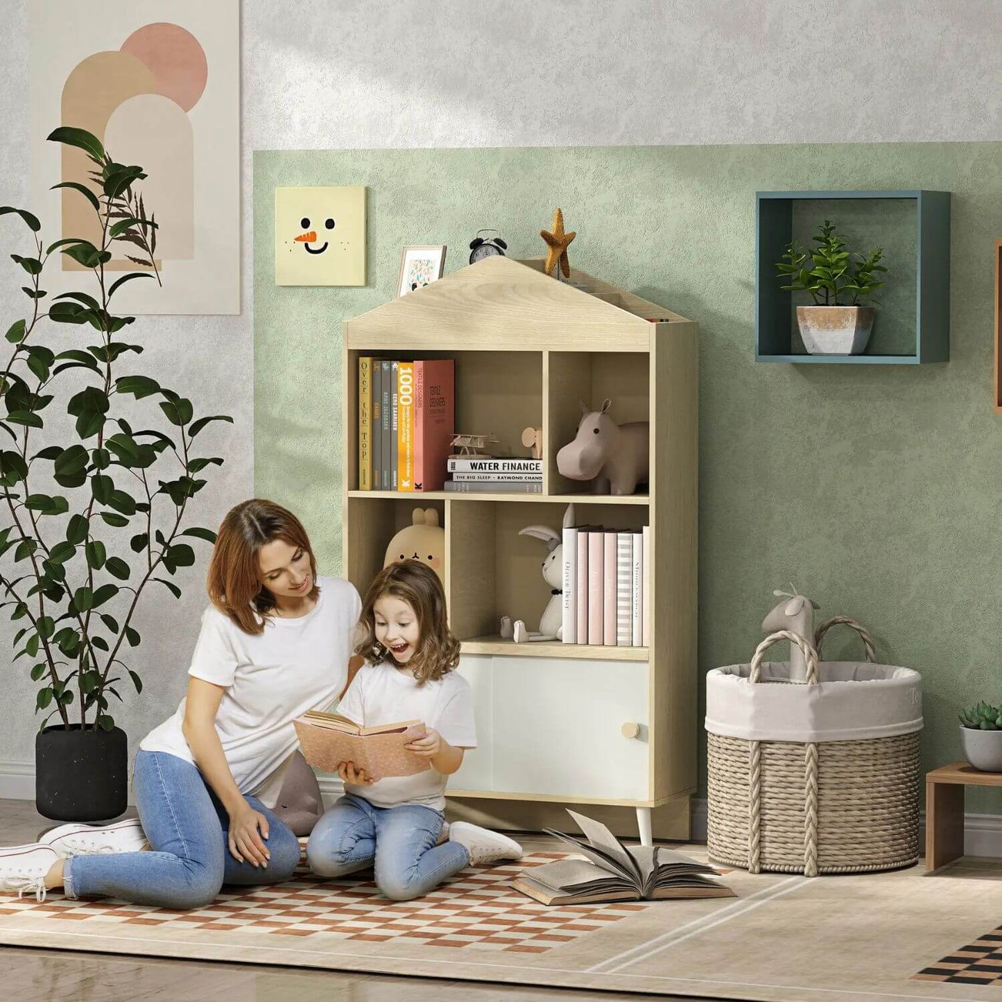 Mom & Kid Reading next to Qaba 4-Cubby Children's Toy Shelf, Kids Bookshelf, White & Wood