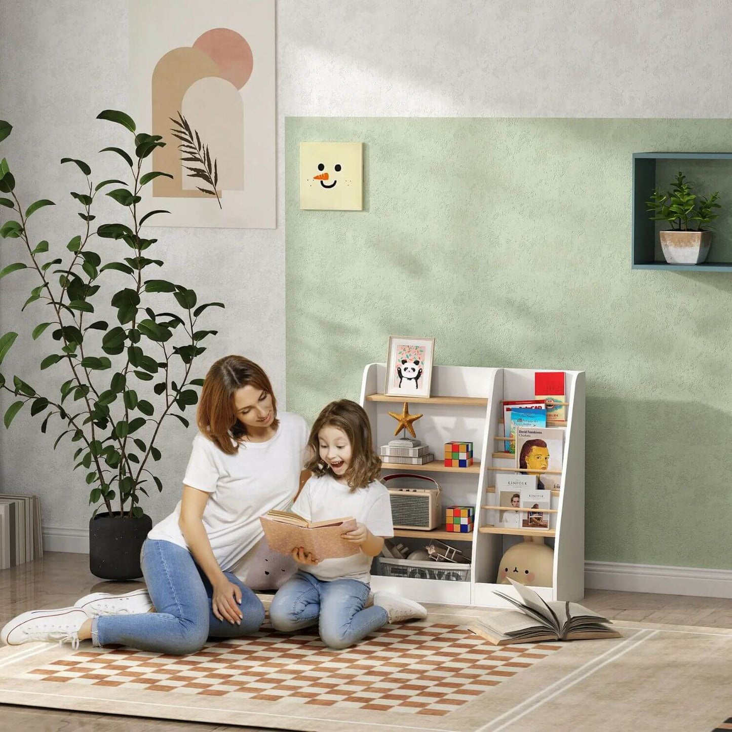 Mom & Kid Reading Next to Qaba 4-Tier Kids Bookshelf and Toy Storage Organizer White