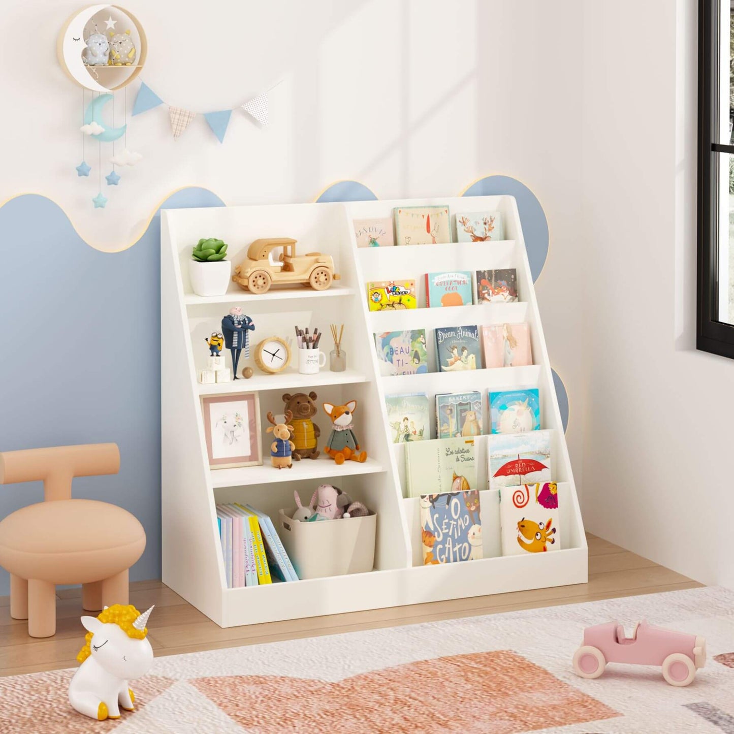 MOONRIVER Kids Multifunctional 4-Tier Wooden Bookcase - White with toys and books in a room with a blue wall and pink rug.