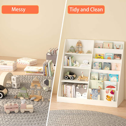 Comparison of a messy room with toys and books on the floor and a tidy room with a bookshelf and organized items.