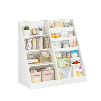 MOONRIVER Kids Multifunctional 4-Tier Wooden Bookcase - White with books and decorative items on a white background