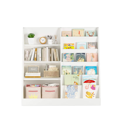 MOONRIVER Kids Multifunctional 4-Tier Wooden Bookcase - White with books, decorative items, and a clock on a white background