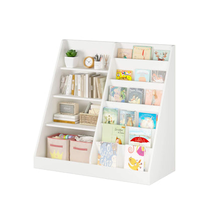 MOONRIVER Kids Multifunctional 4-Tier Wooden Bookcase - White with books and toys on a white background