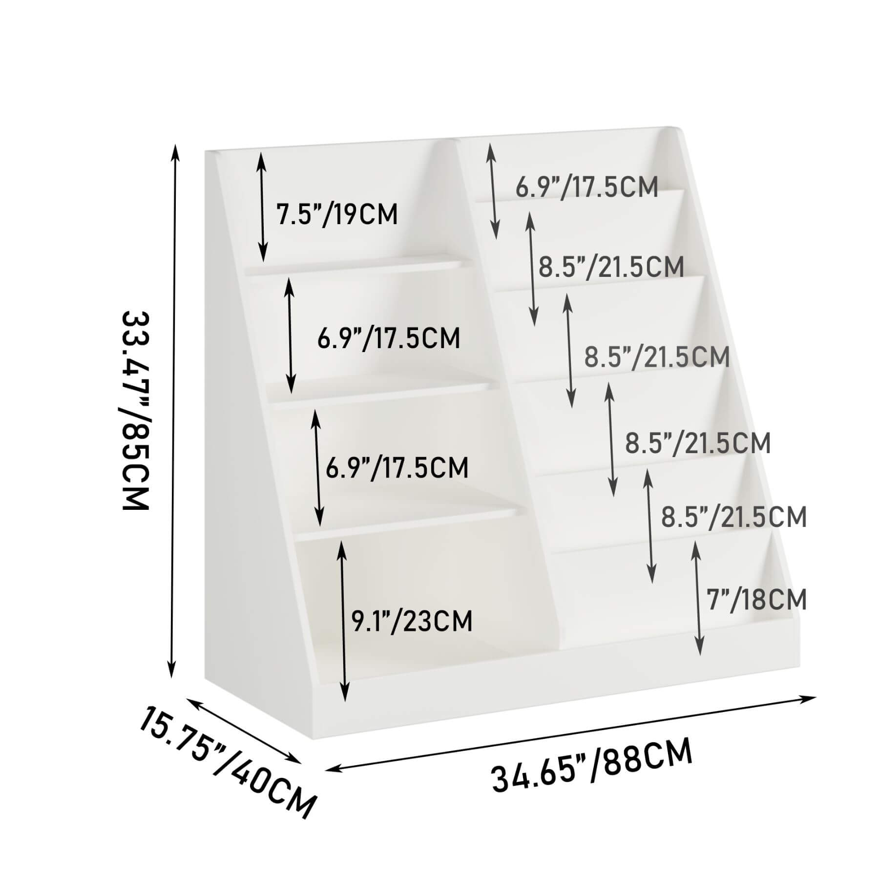 MOONRIVER Kids Multifunctional 4-Tier Wooden Bookcase - White with dimensions labeled on a white background