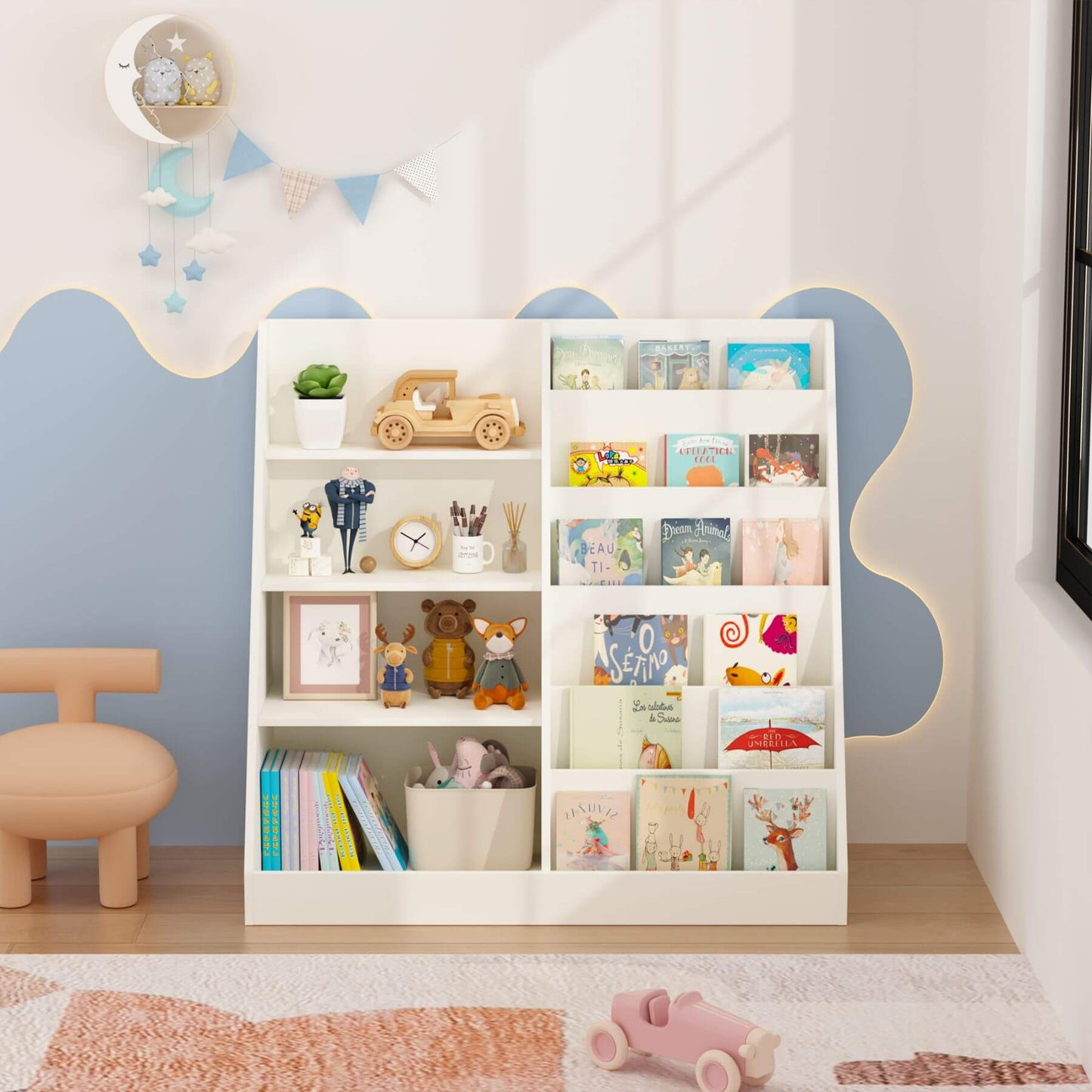 MOONRIVER Kids Multifunctional 4-Tier Wooden Bookcase - White with toys and books in a child's room