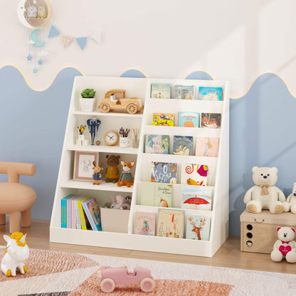 MOONRIVER Kids Multifunctional 4-Tier Wooden Bookcase - White filled with books and toys in a child's room with a blue wall.