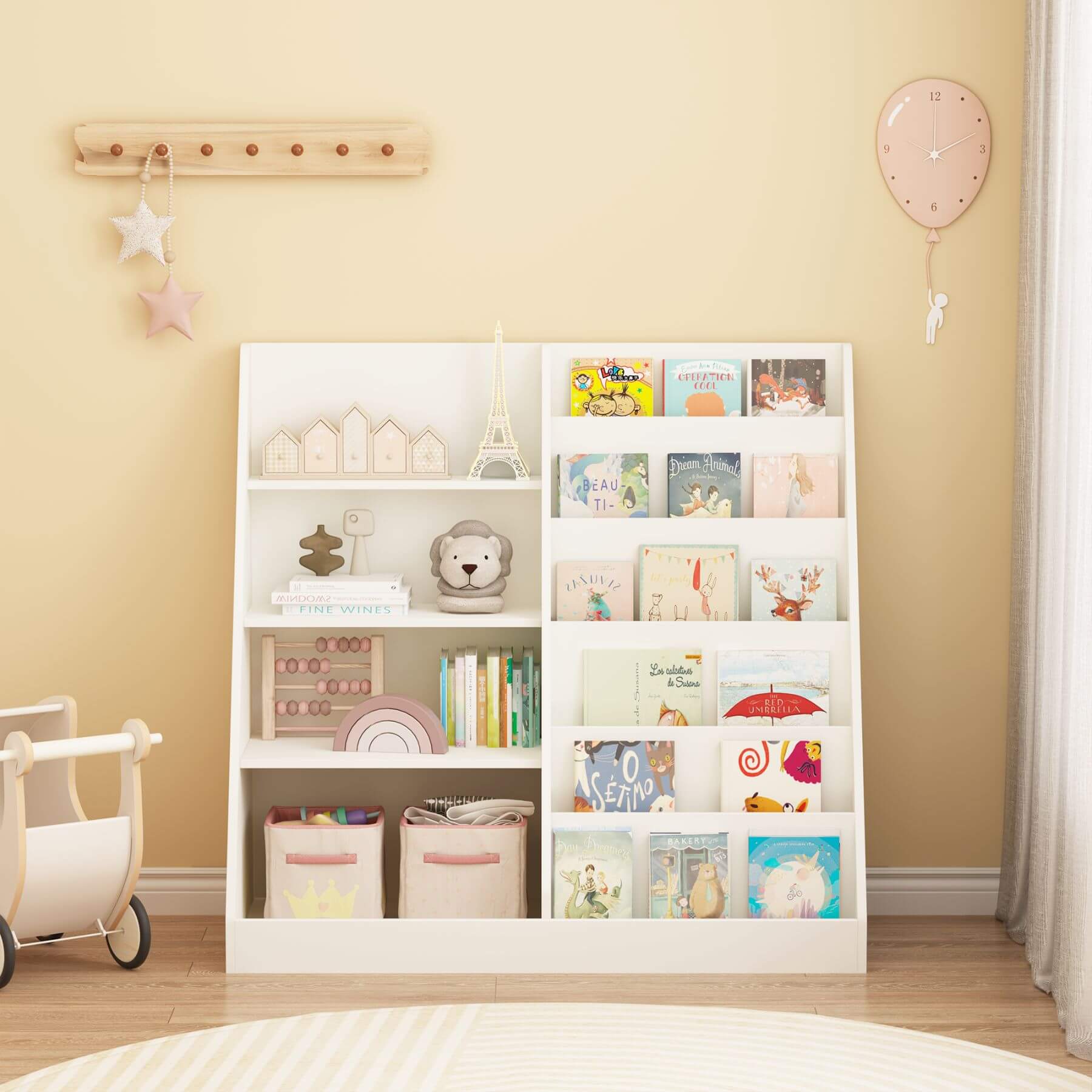 MOONRIVER Kids Multifunctional 4-Tier Wooden Bookcase - White with toys and books in a child's room