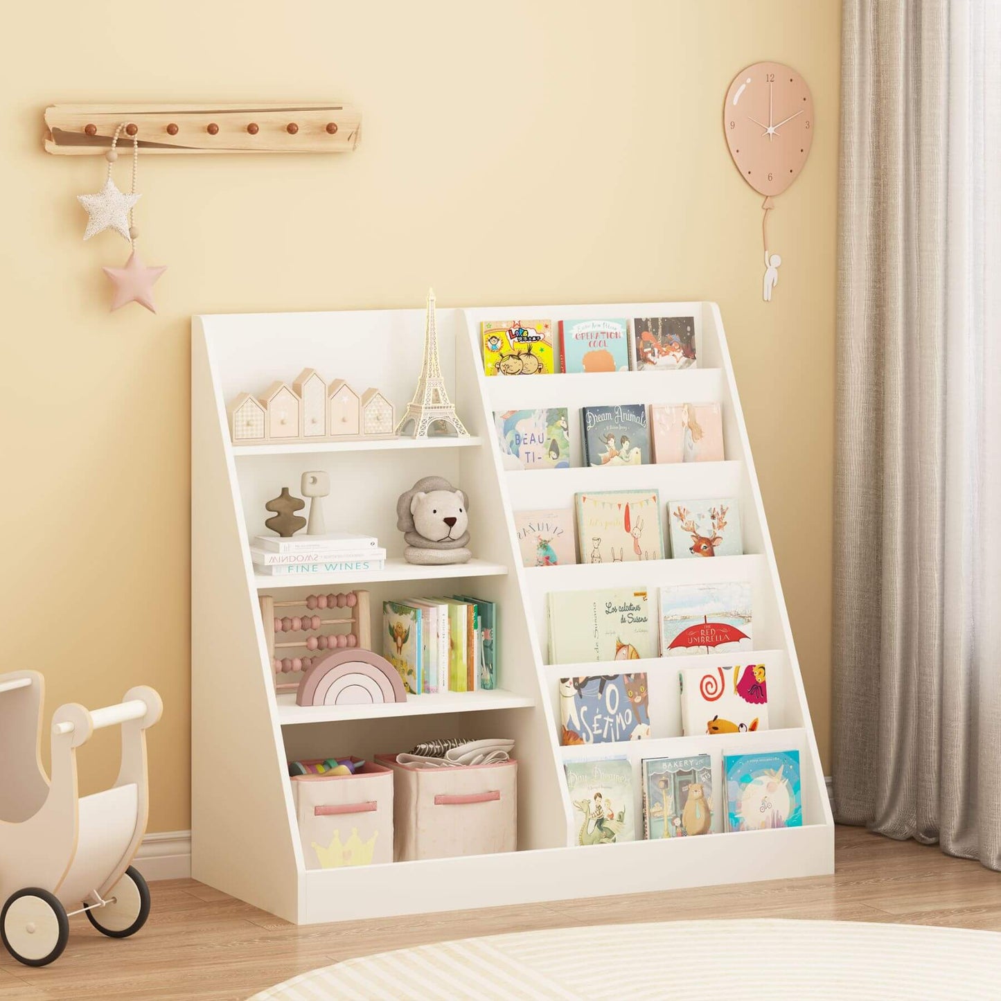 MOONRIVER Kids Multifunctional 4-Tier Wooden Bookcase - White with books and toys against a light yellow wall.
