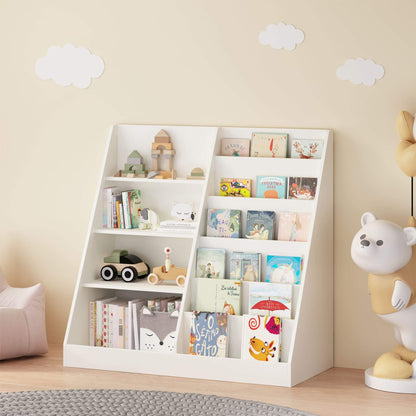 MOONRIVER Kids Multifunctional 4-Tier Wooden Bookcase - White filled with books and toys against a beige wall.