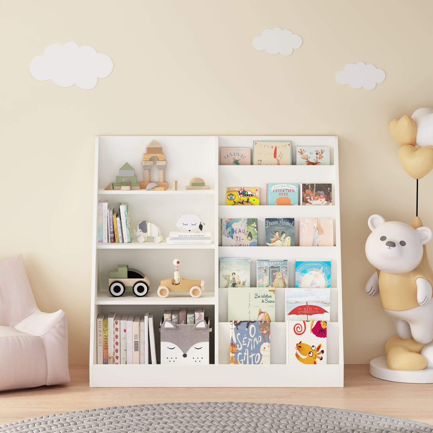 MOONRIVER Kids Multifunctional 4-Tier Wooden Bookcase - White with children's books and toys in a room with a teddy bear and balloons.