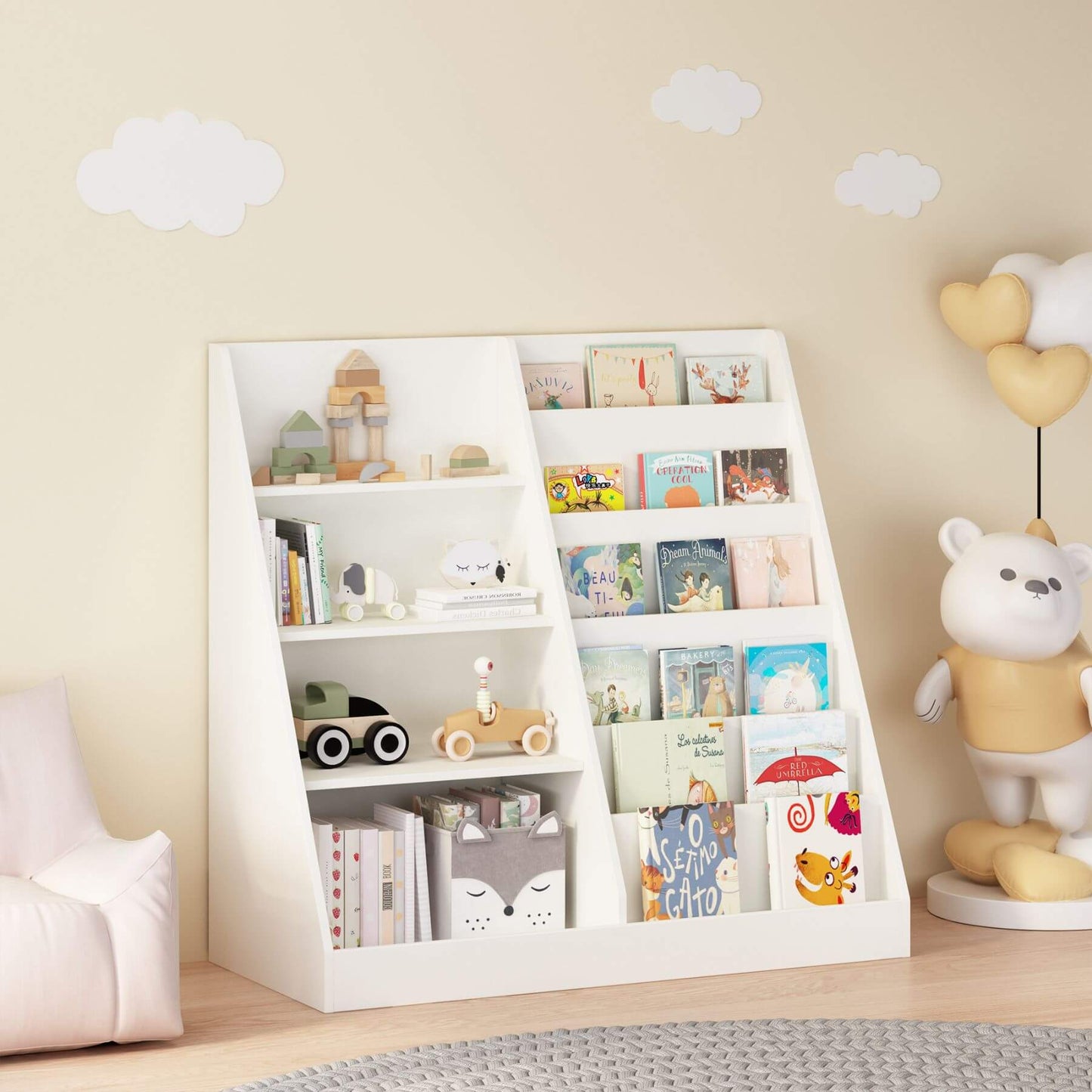 MOONRIVER Kids Multifunctional 4-Tier Wooden Bookcase - White with books and toys against a beige wall.
