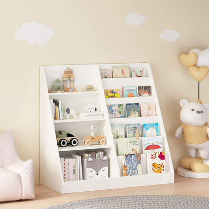 MOONRIVER Kids Multifunctional 4-Tier Wooden Bookcase - White with books and toys against a beige wall.