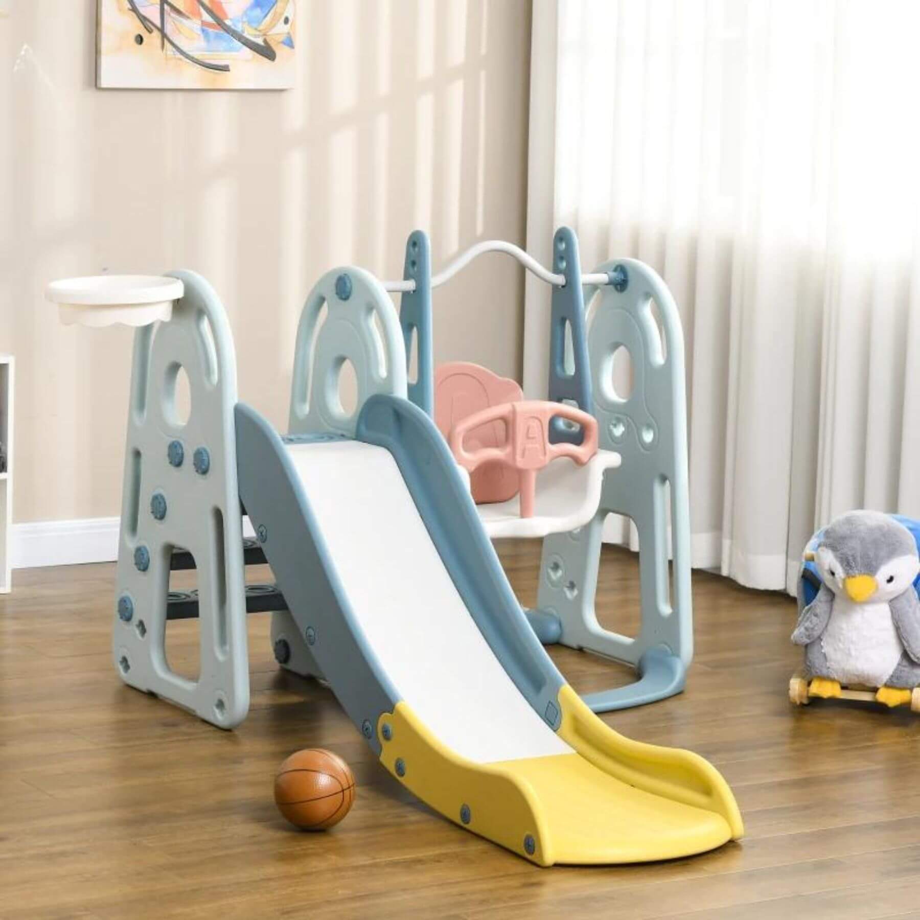 Qaba 4-in-1 Toddler Slide and Swing Set Mixed-Brown