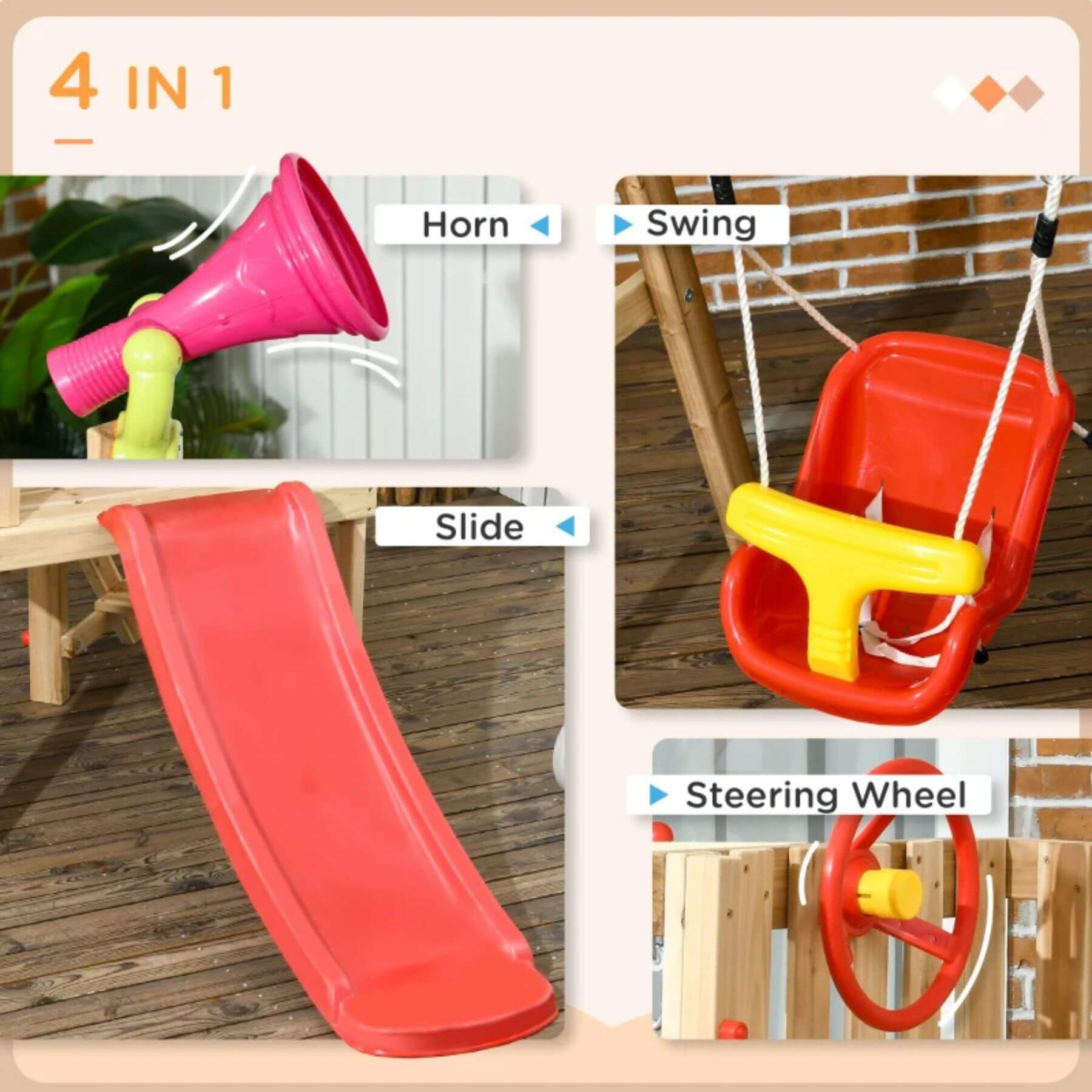 Details of Outsunny 4-in-1 Wooden Swing Set with Swing Red