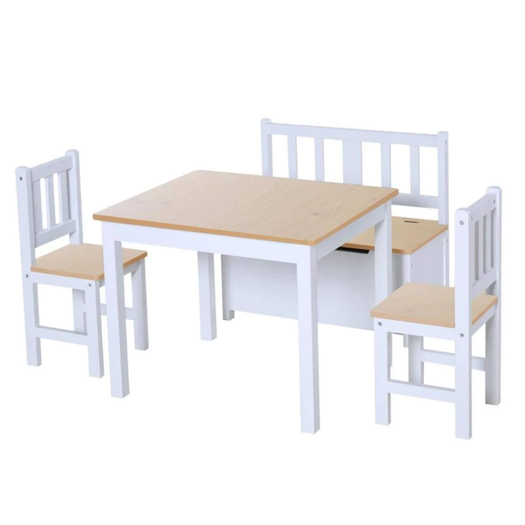 Qaba 4-Piece Kids Table Set with 2 Wooden Chairs, 1 Storage Bench, Natural Wood