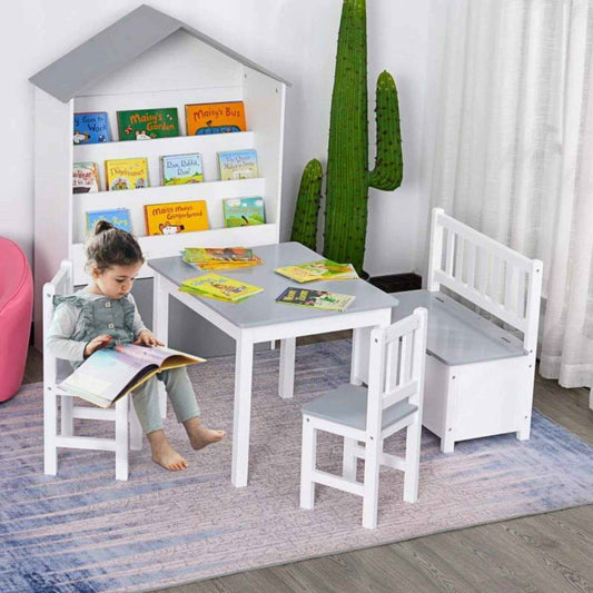 Girl Sitting at Qaba 4-Piece Kids Table Set with 2 Wooden Chairs, 1 Storage Bench, Grey/White