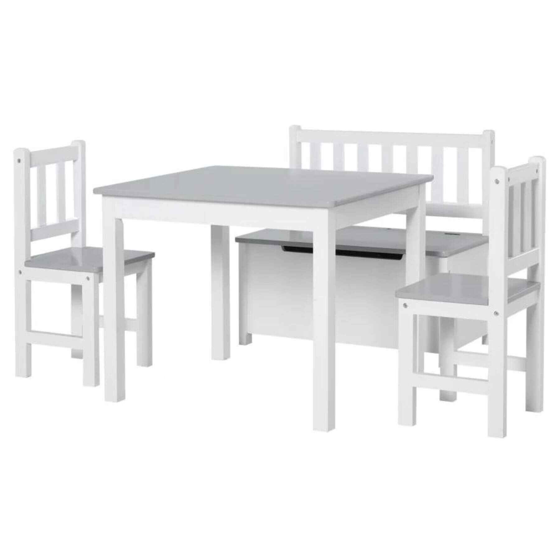 Qaba 4-Piece Kids Table Set with 2 Wooden Chairs, 1 Storage Bench, Grey/White