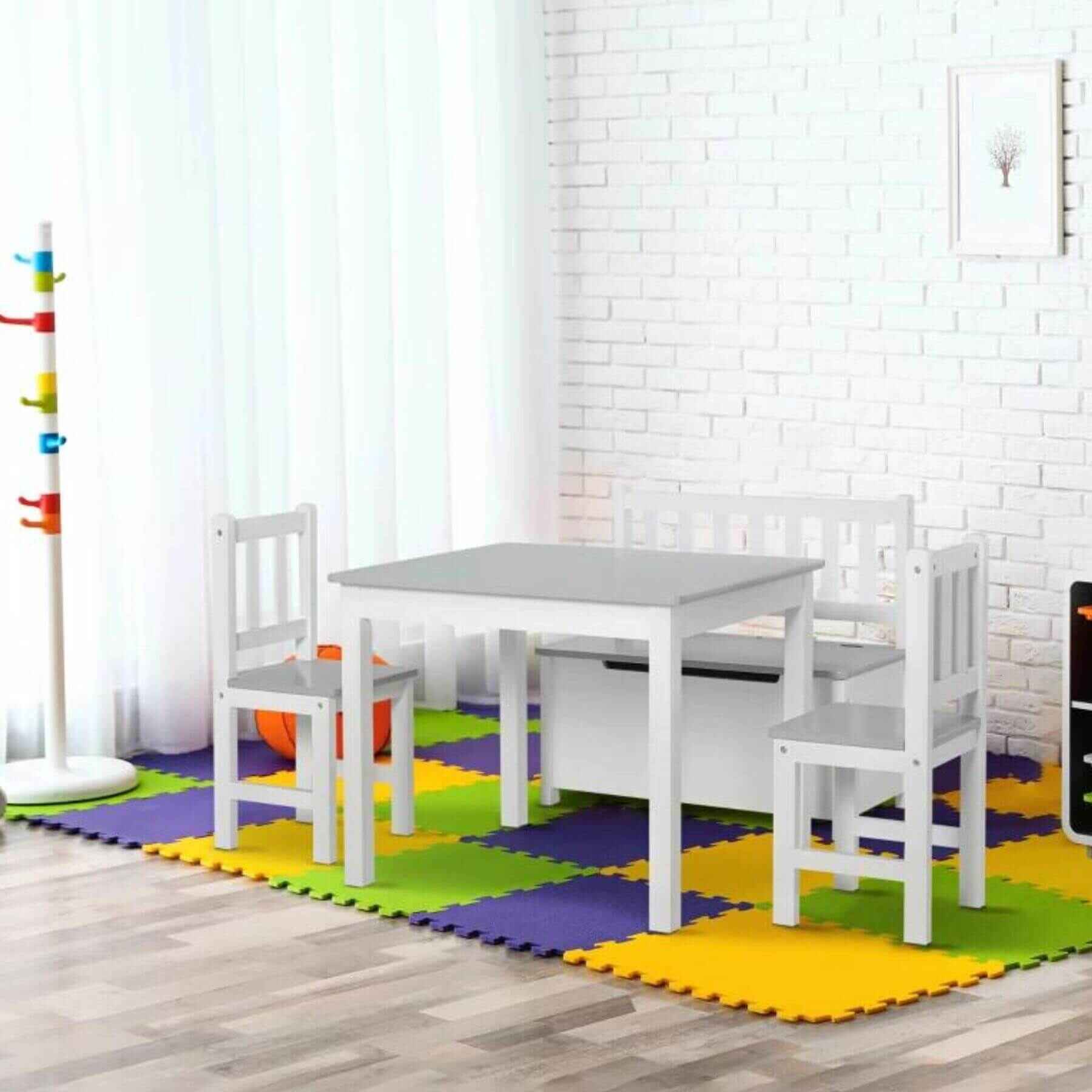 Qaba 4-Piece Kids Table Set with 2 Wooden Chairs, 1 Storage Bench, Grey/White