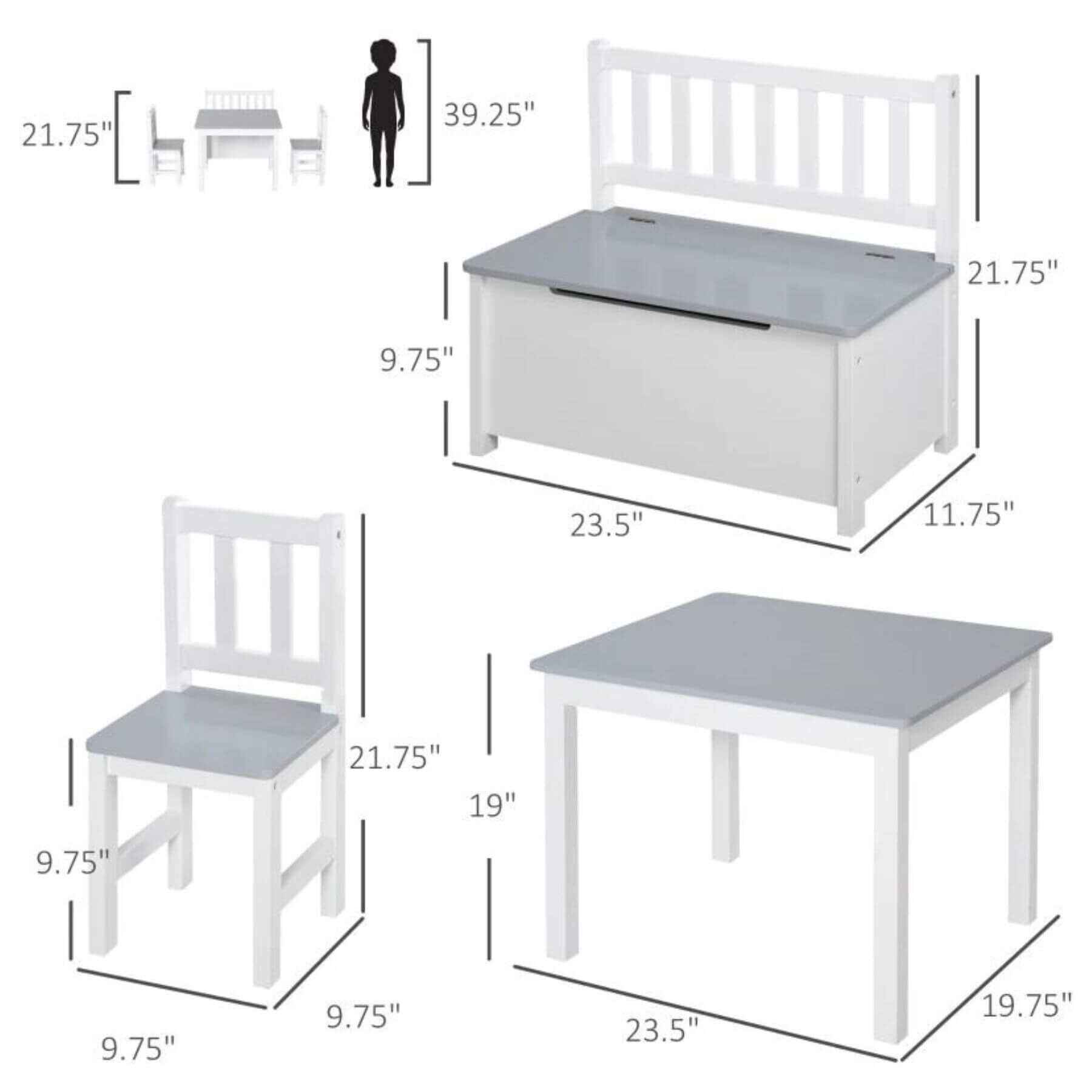 Qaba 4-Piece Kids Table Set with 2 Wooden Chairs, 1 Storage Bench, Grey/White