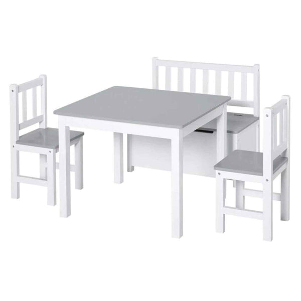 Qaba 4-Piece Kids Table Set with 2 Wooden Chairs, 1 Storage Bench, Grey/White