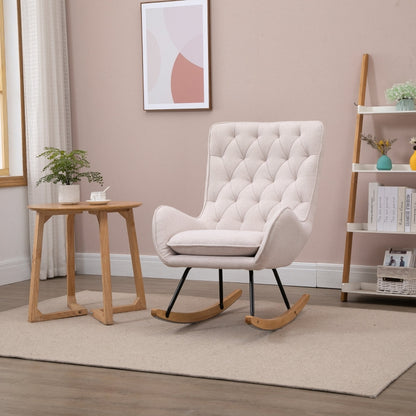 HOMCOM Mid-Century Cream White Nursery Rocker | Tufted Wingback & Rubber Wood Base