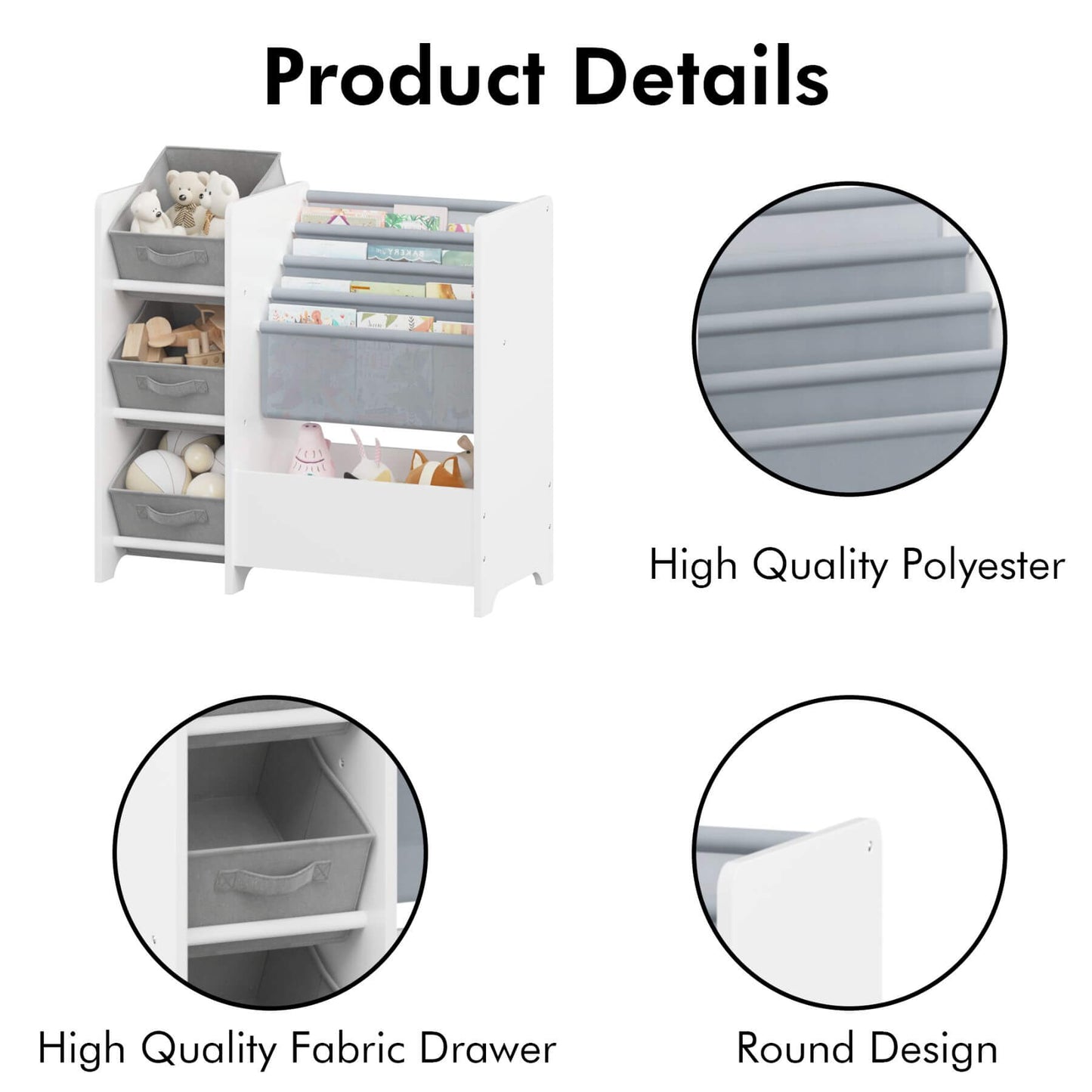 White storage unit with gray bins and toys, featuring high-quality polyester, fabric drawers, and round design.