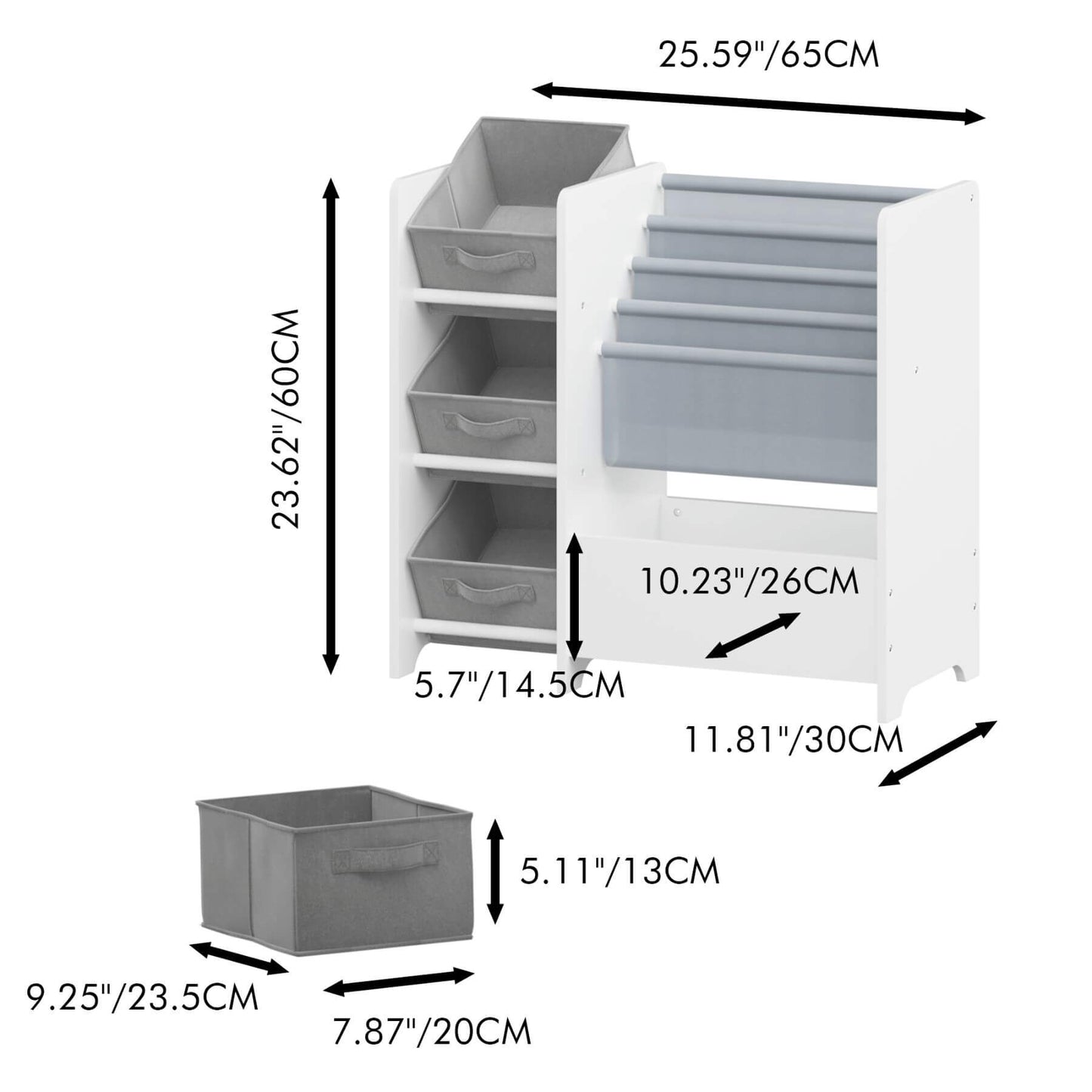 MOONRIVER Multifunctional 4-Tier White MDF Bookshelf with 3 Collapsible Fabric Drawers and dimensions labeled