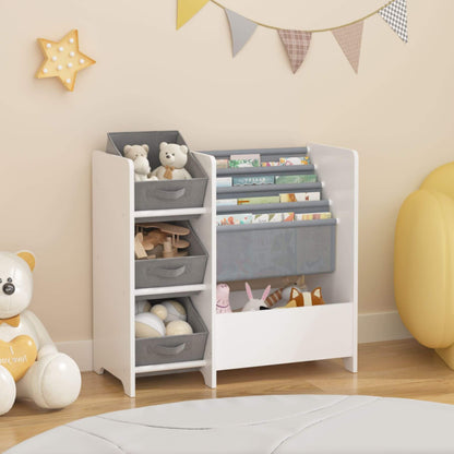 Children's storage unit with gray bins and toys in a room with a teddy bear and decorative flags.