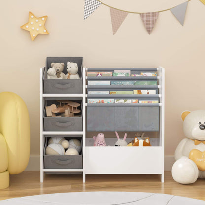 Children's toy organizer with books and toys in a room with a yellow chair and teddy bear.