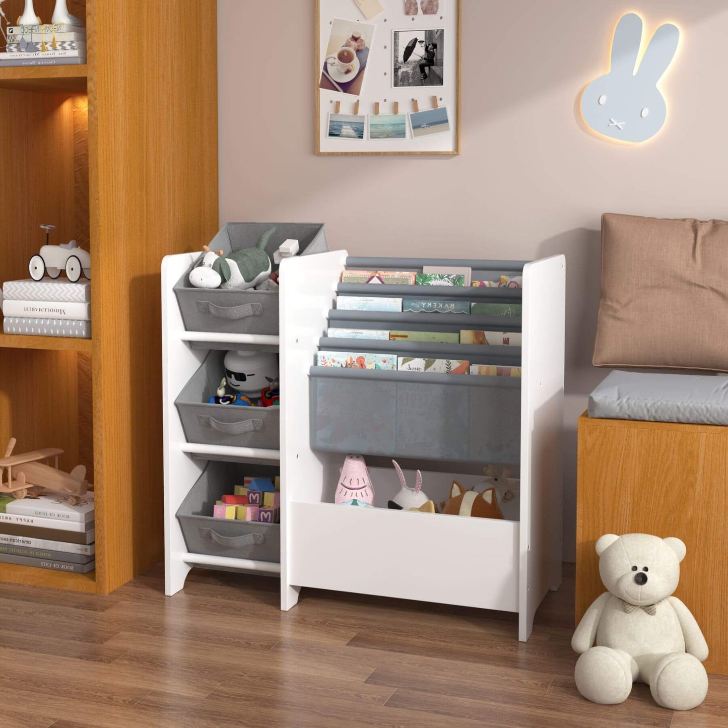 Children's room with storage unit, books, toys, and a teddy bear.