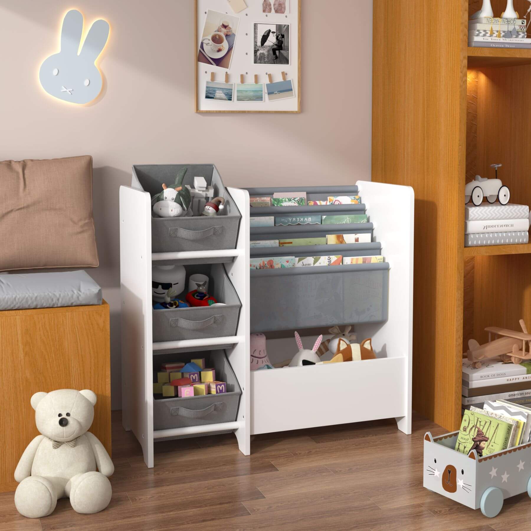 Children's room with storage unit, toys, and a teddy bear.