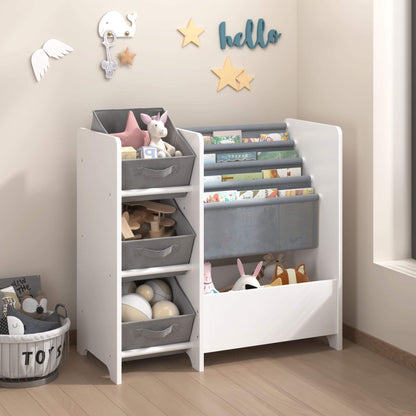 Children's toy storage unit with shelves and bins in a room setting.