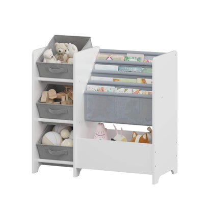 MOONRIVER Multifunctional 4-Tier White MDF Bookshelf with 3 Collapsible Fabric Drawers