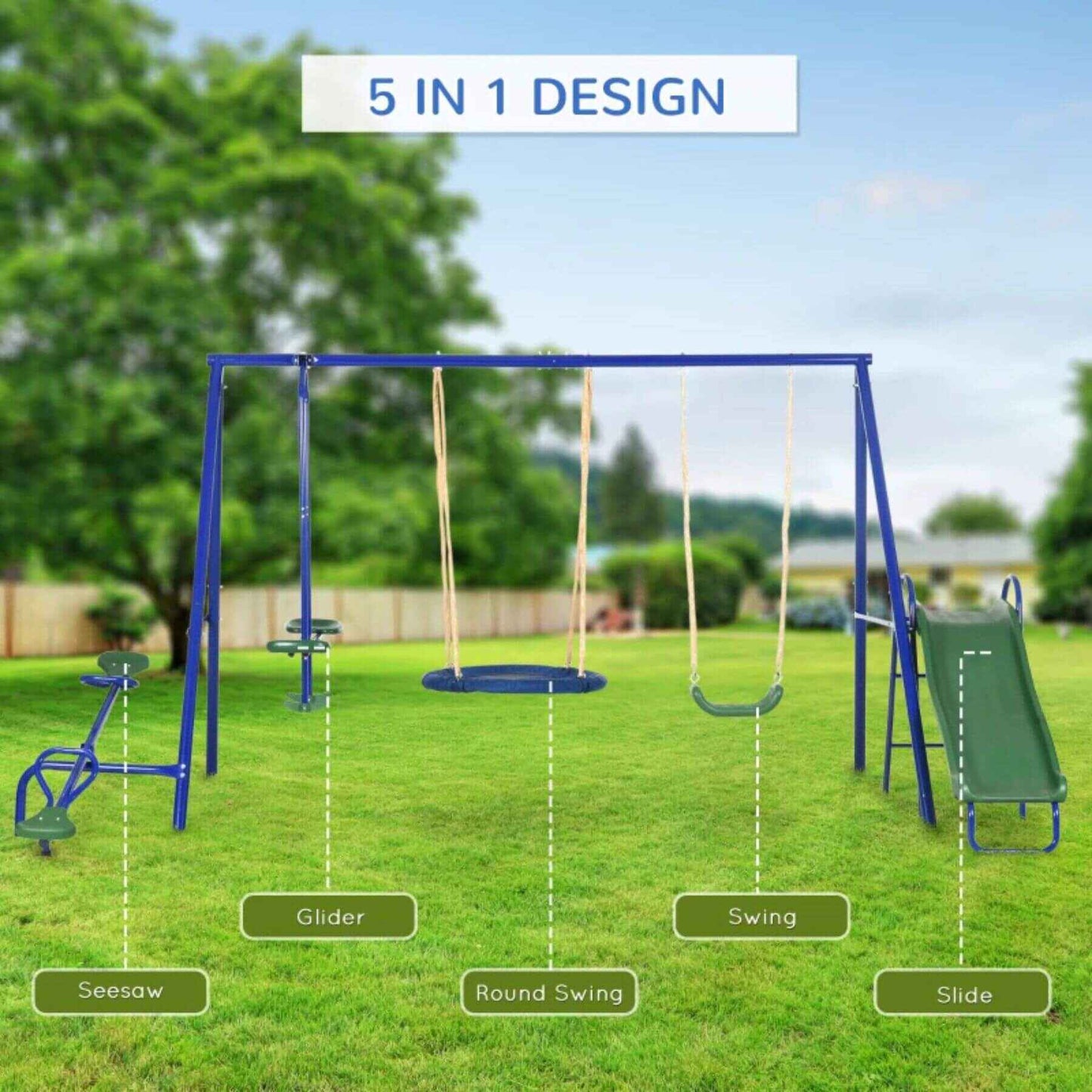 Outsunny 5-in-1 Heavy-Duty A-Frame Stand Outdoor Playset for Kids Blue