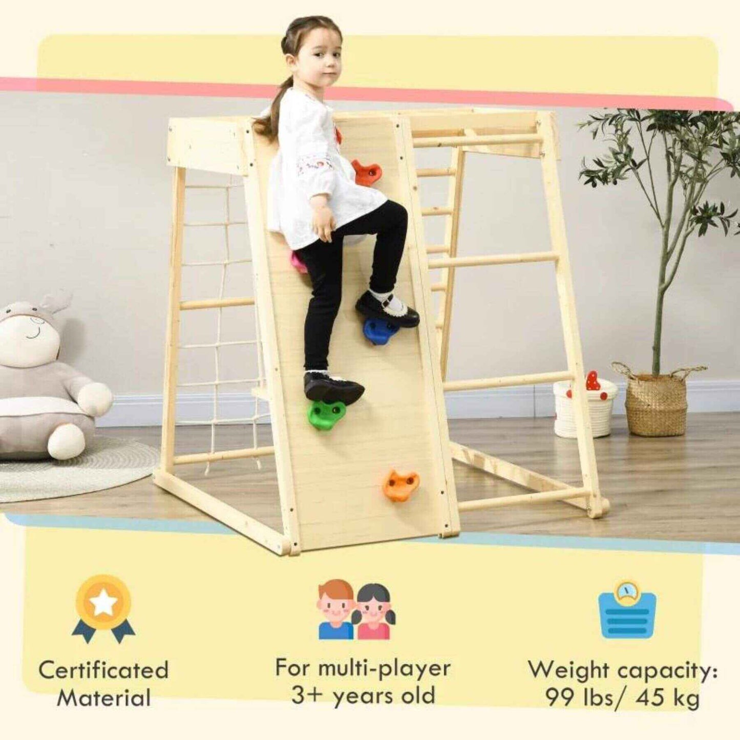 Girl Playing on Qaba 5-in-1 Indoor Jungle Gym Playground Beech Wood