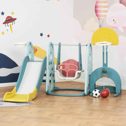 Qaba 5-in-1 Toddler Playset, Baby Slide and Swing Set, Blue & White & Yellow