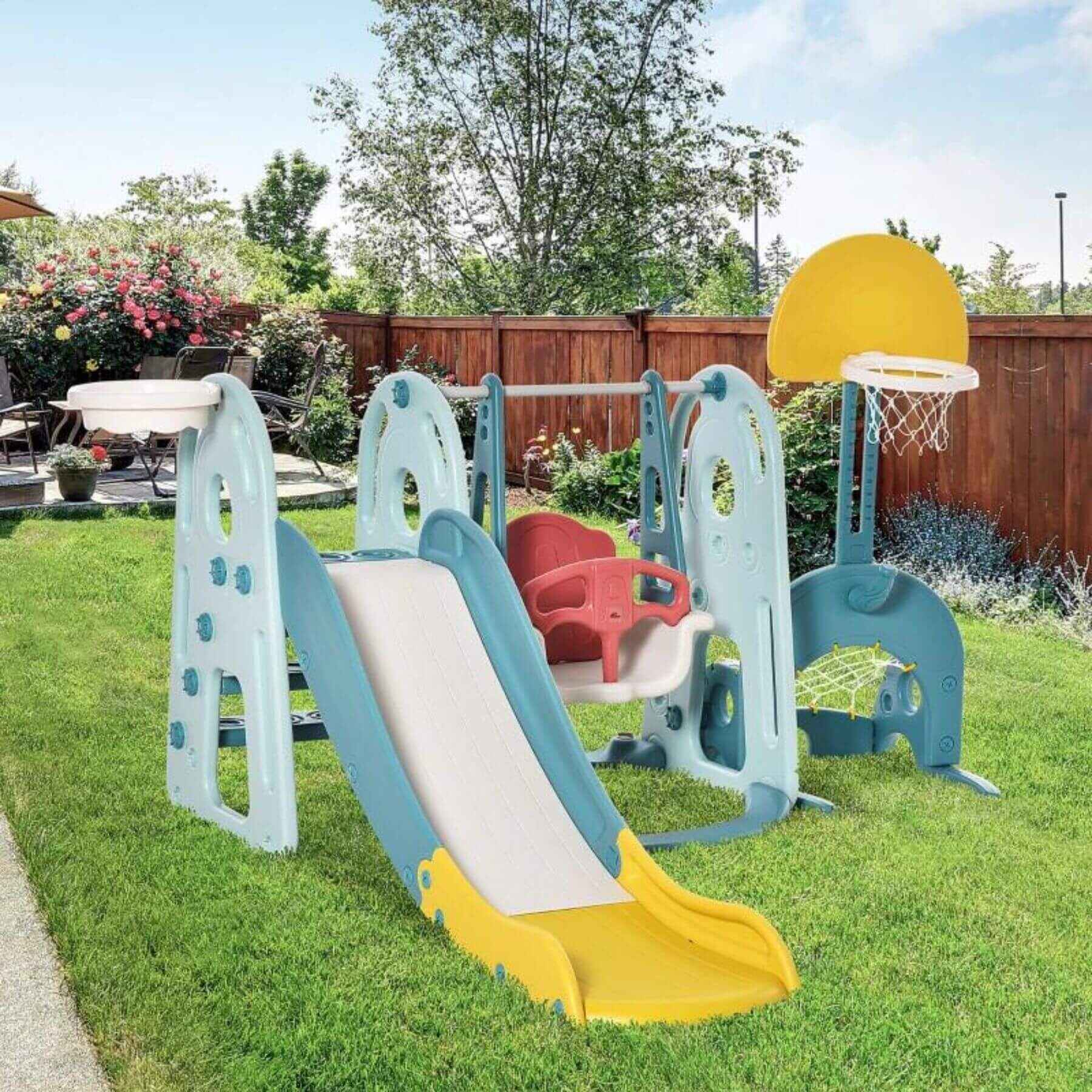 Qaba 5-in-1 Toddler Playset, Baby Slide and Swing Set, Blue & White & Yellow