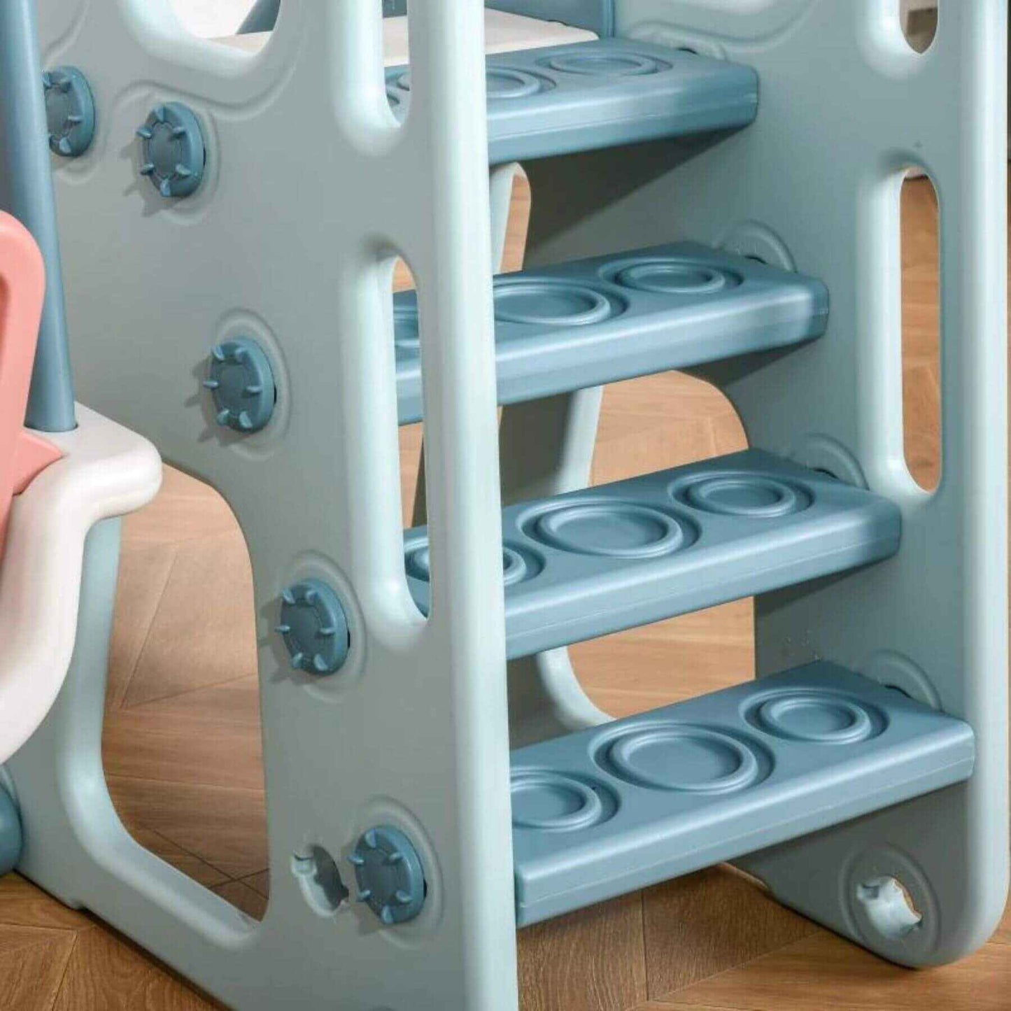 Detail of Qaba 5-in-1 Toddler Playset, Baby Slide and Swing Set, Blue & White & Yellow