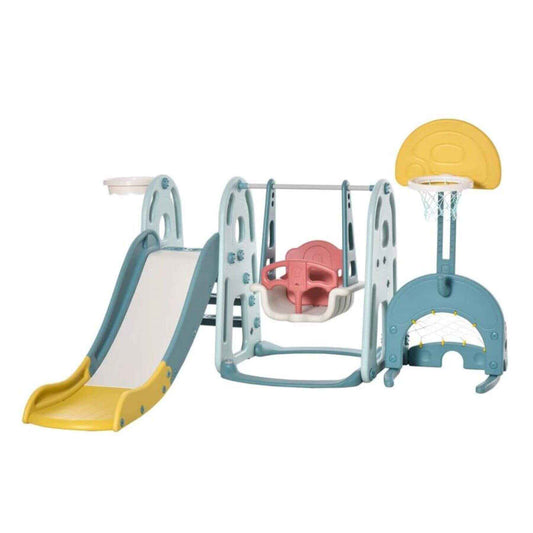 Qaba 5-in-1 Toddler Playset, Baby Slide and Swing Set, Blue & White & Yellow