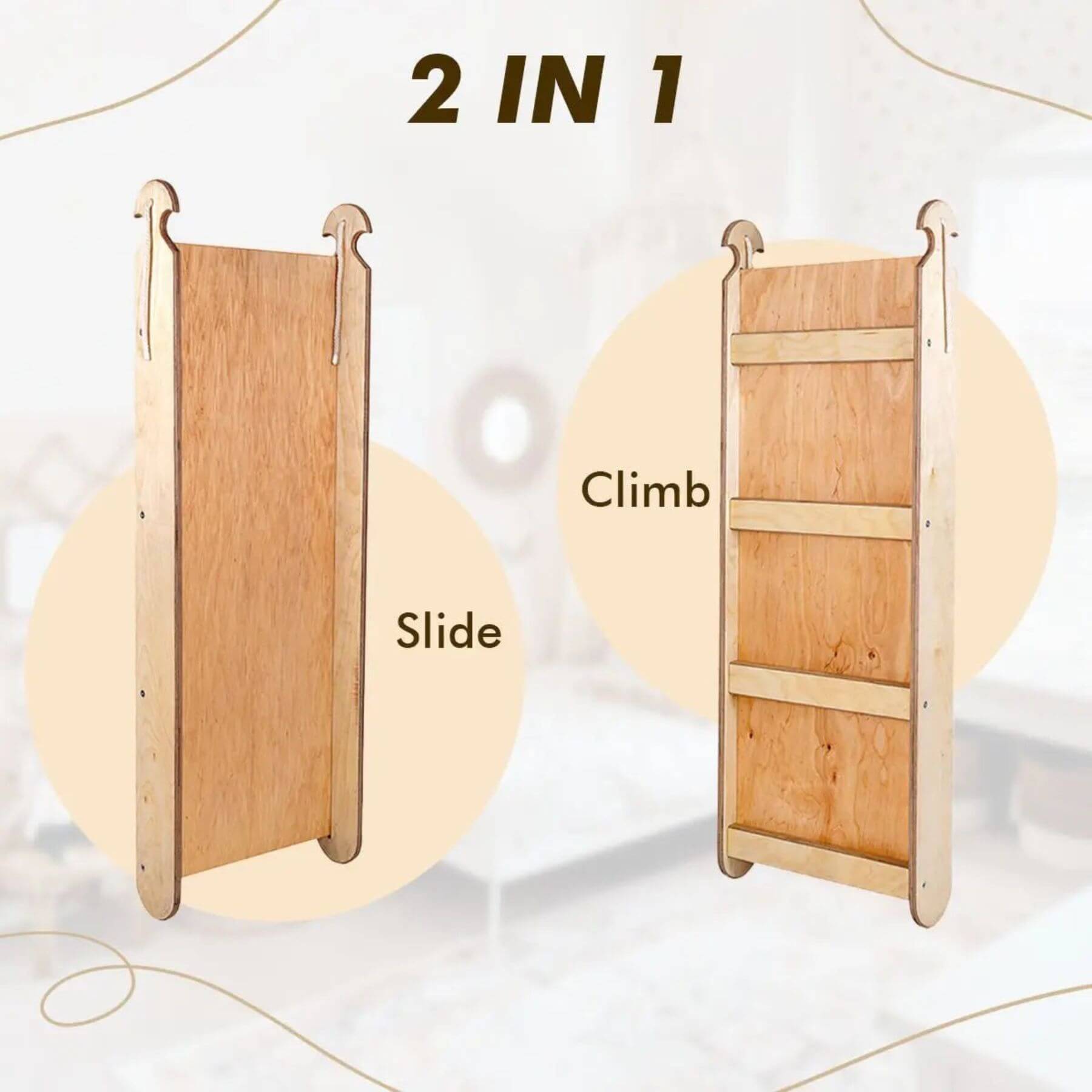 Wooden climbing and sliding board with '2 IN 1' text on a light background