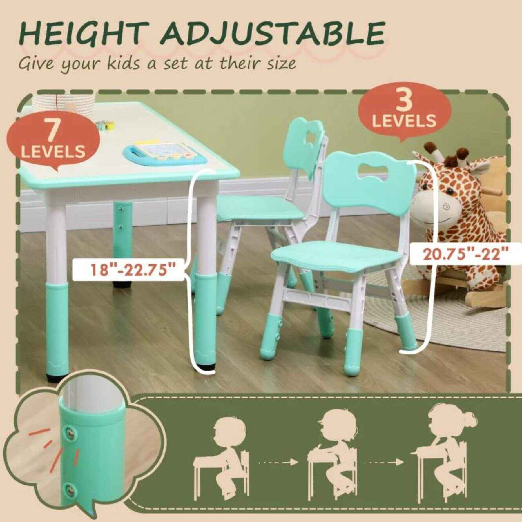 Qaba 5 Piece Toddler Table and Chair Set, Adjustable Height Chairs, Green