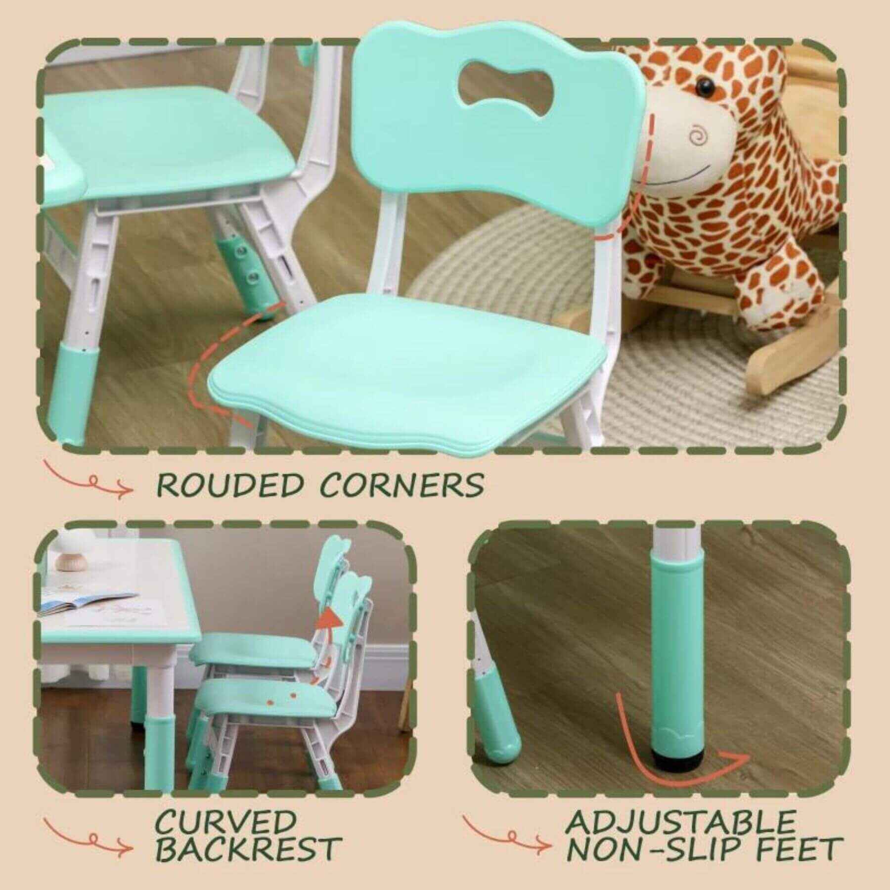 Detail of Qaba 5 Piece Toddler Table and Chair Set, Adjustable Height Chairs, Green