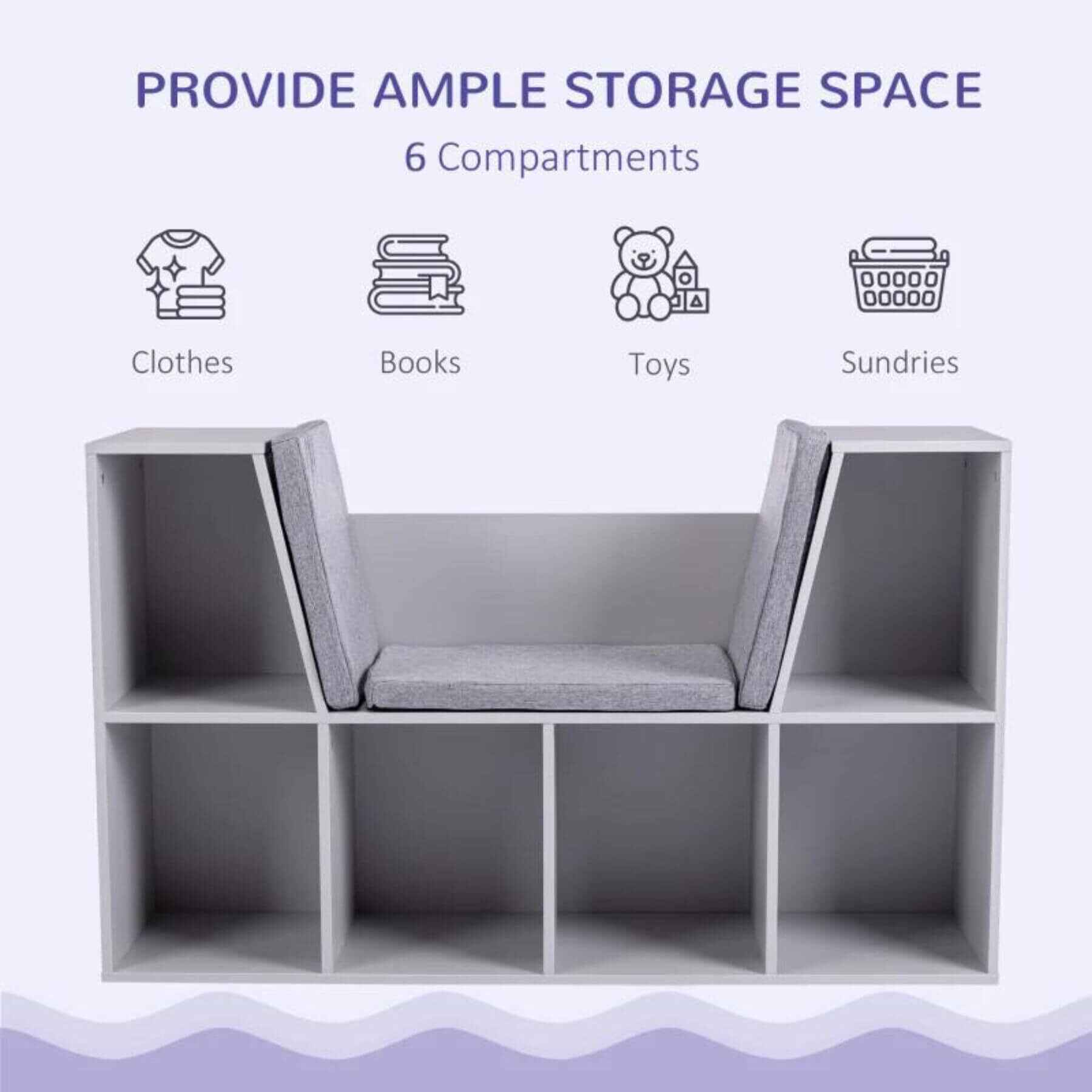 HOMCOM 6-Cubby Kids Bookcase with Reading Nook and Cushion Grey