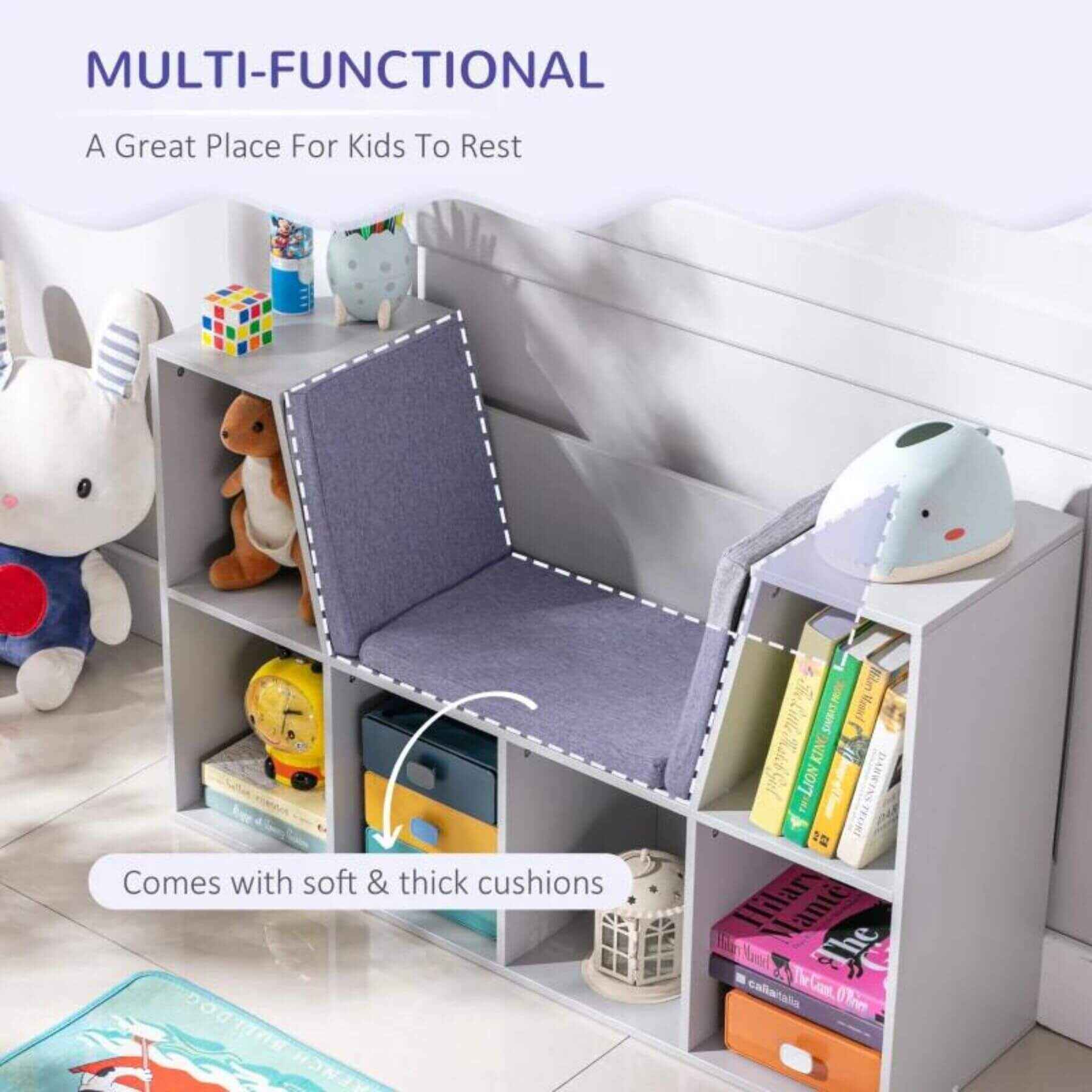 HOMCOM 6-Cubby Kids Bookcase with Reading Nook and Cushion Grey